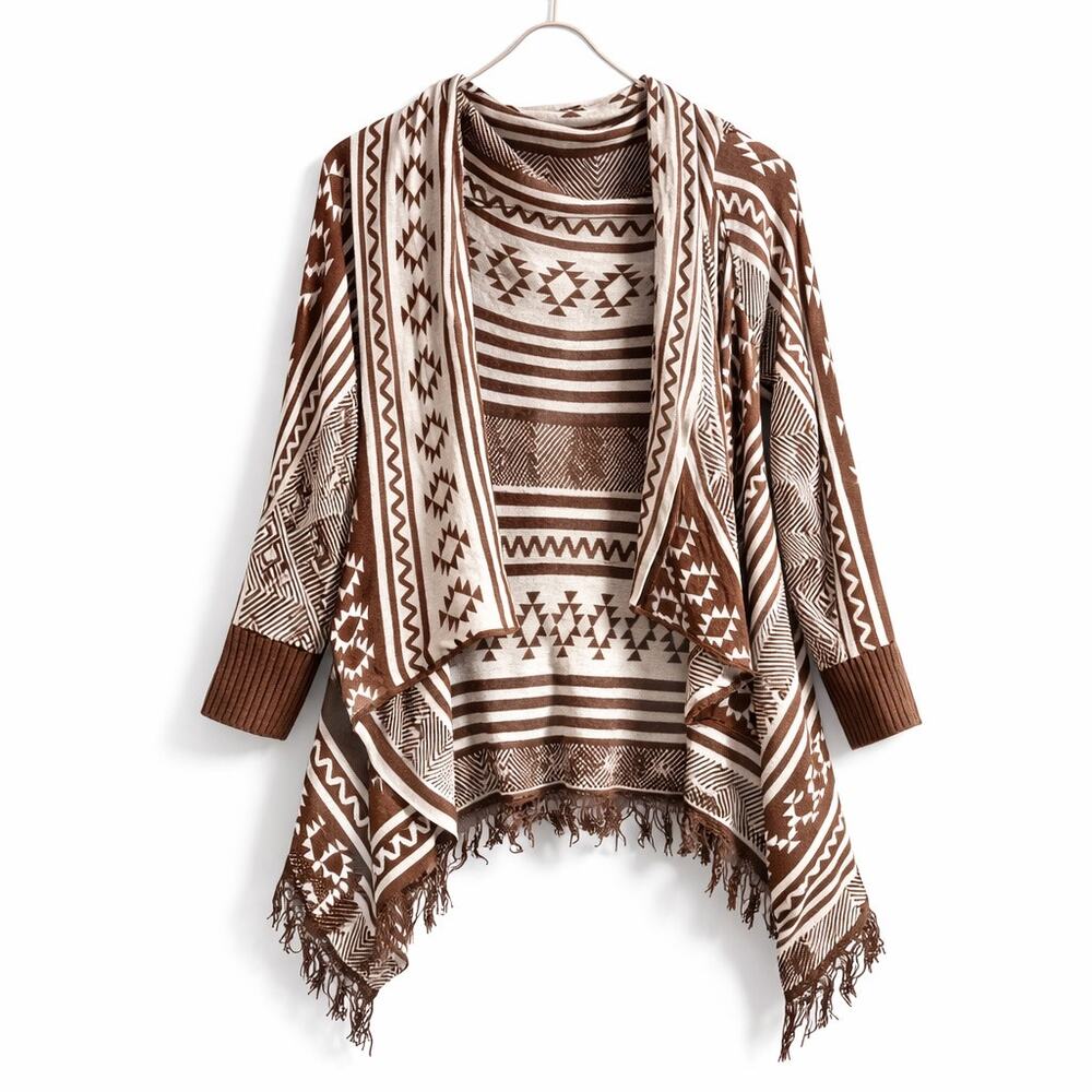 Lisa International Tribal Print Fringe Poncho – Size L